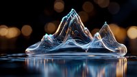 Luminous mountain peaks formed by liquid splash crown, captured in high-speed photography against dark background with golden bokeh lights and mirror reflection.