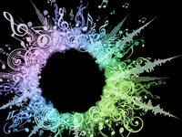 Colorful musical notes and sound waves forming circular frame on black background. Abstract music design with treble clefs, audio waveforms in rainbow gradient colors.