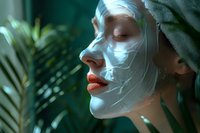 Young woman with red lipstick wearing white facial mask during spa treatment. Side profile portrait in mystical green atmosphere with tropical plants background perfect for beauty industry.