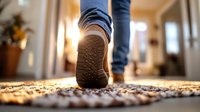 Person walking on textured carpet in home hallway, close-up of shoe sole with warm sunlight creating cozy atmosphere.