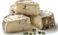 Artisanal soft cheese wedges with gray rind and herbs, showing texture and cross-sections on white background, styled for gourmet food photography.
