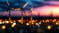 Wind turbines silhouetted against colorful sunset sky with bokeh lights creating dreamy renewable energy landscape for environmental and sustainability concepts.