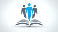 Stylized figures emerging from open book symbolizing education, leadership, and knowledge sharing for business training programs and educational concepts.