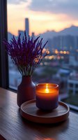 Purple lavender in ceramic vase and glowing candle on wooden tray by window, city lights and sunset skyline create cozy atmospheric evening ambiance.