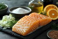 Raw salmon fillet on black slate board with fresh herbs, oranges, olive oil and spices. Fresh ingredients for healthy cooking arranged in culinary composition.