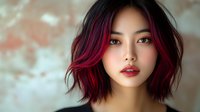 Young Asian woman with vibrant red ombre hair and red lips gazing at camera against soft blurred background, showcasing modern hair coloring and beauty trends.