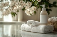 Spa composition with white rolled towels, cosmetic dispenser bottle and spring blossom flowers in soft natural light. Wellness and body care concept.