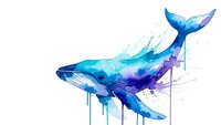 Watercolor humpback whale with dripping paint effects in blue and purple tones isolated on white background for creative design projects.