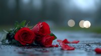 Red roses lying on wet surface with scattered petals against blurred bokeh lights background, creating romantic and moody atmosphere. Perfect for Valentine's Day designs.