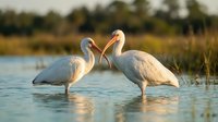 Two white ibis birds standing in shallow water during golden hour, touching beaks in romantic gesture against blurred natural wetland background.