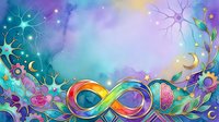 Colorful infinity symbol with glowing flowers, stars, and celestial elements on gradient purple and turquoise background. Whimsical design for creative projects.