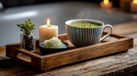 Cozy wellness scene with matcha tea, bath salt, and burning candle on wooden tray, creating relaxing spa atmosphere on rustic table.
