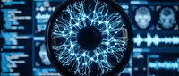 Digital eye with electric neural network patterns on futuristic medical technology interface background for AI and cybersecurity concepts.