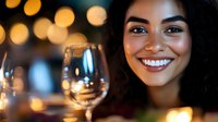 Young Latin American woman smiling at romantic dinner setting with wine glasses and warm bokeh lights creating intimate atmosphere for celebration or date night.