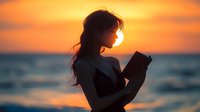Young woman reading book at sunset beach, silhouette against orange sky and ocean waves, long hair flowing in wind creates dreamy romantic atmosphere.