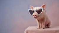 Adorable pink piglet wearing heart-shaped sunglasses sitting on pastel surface with dreamy gradient background for cute animal content.