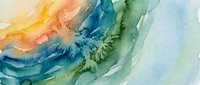 Abstract watercolor painting with flowing blue, green, orange, and teal tones, creating a dreamy, artistic texture for backgrounds and creative projects.