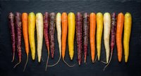 Colorful heirloom carrots in purple, orange, yellow and white varieties arranged in row on dark slate background for healthy cooking and nutrition.