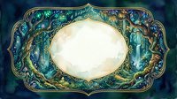 Ornate vintage frame with intricate floral patterns in teal and gold colors featuring empty oval center space for text or design elements.