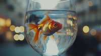Orange goldfish swimming in clear glass fishbowl with bokeh lights background creating peaceful aquatic scene for home decor and pet care concepts.