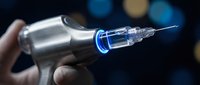 Medical injection pen with needle ready for vaccination or insulin treatment in healthcare professional hand against dark background.