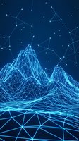 Digital wireframe mountain landscape with glowing blue polygonal mesh network connections and constellation patterns in dark blue space background.