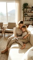 Loving mother and daughter reading book together on sofa in cozy modern living room with natural light creating warm family bonding moment at home.