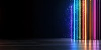 Vibrant multicolored neon light lines glowing on dark reflective surface with sparkles and particles creating modern futuristic atmosphere for club or stage background.