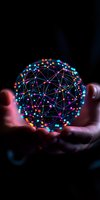 Glowing sphere with interconnected network lines and colorful light points held in hands against dark background, representing digital connectivity and global data.