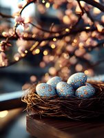 Decorative blue Easter eggs with gold pattern in natural nest against bokeh lights background, creating magical spring holiday atmosphere and festive mood.