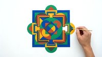Caucasian male hand painting a vibrant geometric mandala with bold colors on white background, spiritual art creation process.