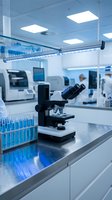 Modern laboratory microscope and test tubes on sterile workbench in clinical research facility with scientists working in background for medical analysis.