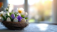 Decorative Easter nest with painted eggs and spring flowers on blurred window background. Seasonal holiday composition in soft natural light.