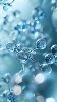 Molecular structure with connected spherical atoms in blue tones against blurred bokeh background, representing scientific research and chemical bonds.