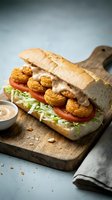 Crispy fried shrimp po boy sandwich with lettuce and tomato on crusty bread served on wooden cutting board with creamy sauce for restaurant menu.