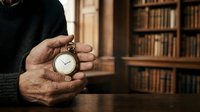 Mature man with weathered hands holding vintage pocket watch in library setting with wooden bookshelves, representing time management, nostalgia, and classic literature themes.