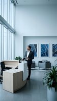 Professional businessman in modern office interior with floor-to-ceiling windows and contemporary furniture for corporate and business concepts.