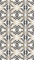 Geometric seamless pattern with symmetrical black and gold curved lines forming ornamental diamond shapes on white background. Tiles into a single continuous background.