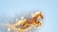Majestic golden horse made of fire and sparkling particles galloping through ethereal blue sky with glowing light effects and magical energy trails.