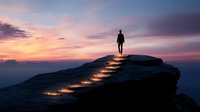 Silhouette of person standing on illuminated stone steps at mountain peak during dramatic purple and orange sunset sky, concept of success and achievement.