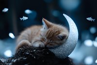 Sleeping ginger kitten curled up on glittering silver crescent moon with floating fish silhouettes in dreamy blue bokeh background, creating magical nighttime atmosphere.