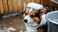 Pembroke Welsh Corgi wearing small white towel on head after bath time, looking at camera with adorable expression. Grooming and pet care concept.