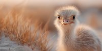 Young ostrich chick with fluffy feathers standing in natural grassland habitat during golden hour lighting creating warm atmospheric bokeh background.