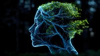 Ethereal profile silhouette formed by glowing blue branches and green foliage against dark background, representing connection between nature and human consciousness.