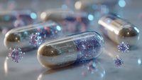 Transparent medical capsules with glittering particles inside, surrounded by sparkling molecular structures on light background with bokeh effect.