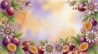 Passion fruit and flowers frame a soft watercolor background with warm yellow and purple tones, ideal for food packaging, culinary blogs, and wellness designs.
