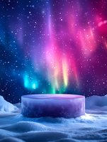 Mystical glowing platform surrounded by snow with vibrant aurora borealis and starry sky in pink, purple and blue colors creating magical atmosphere.
