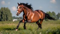 Bay horse galloping freely across summer meadow with flowing mane and tail, displaying power and grace in natural grassland setting against blurred trees.