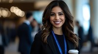 Young professional woman with wavy brown hair wearing black blazer and conference lanyard, holding coffee cup, smiling confidently at business event with blurred background.