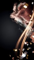 Rose gold metallic powder explosion with flowing liquid streams and sparkling particles on dark background for luxury cosmetics and beauty advertising.